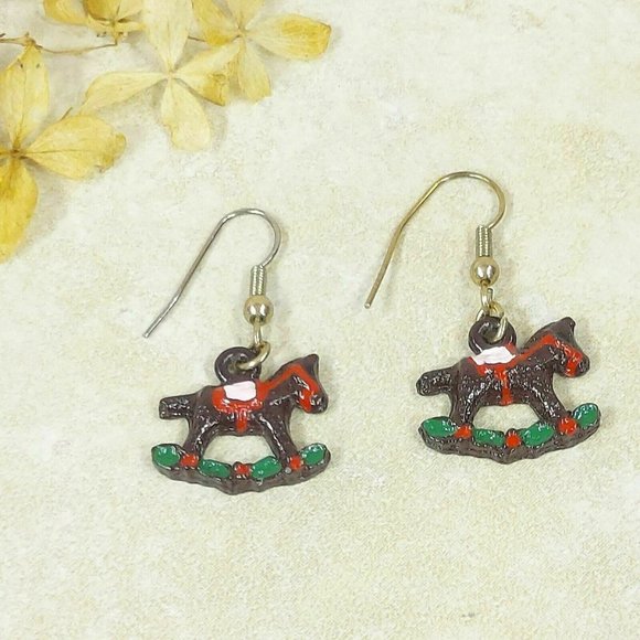 Vintage Rocking Horse Earrings Jewelry Black Steed Toy Red Saddle Dangle Earring - Picture 2 of 8